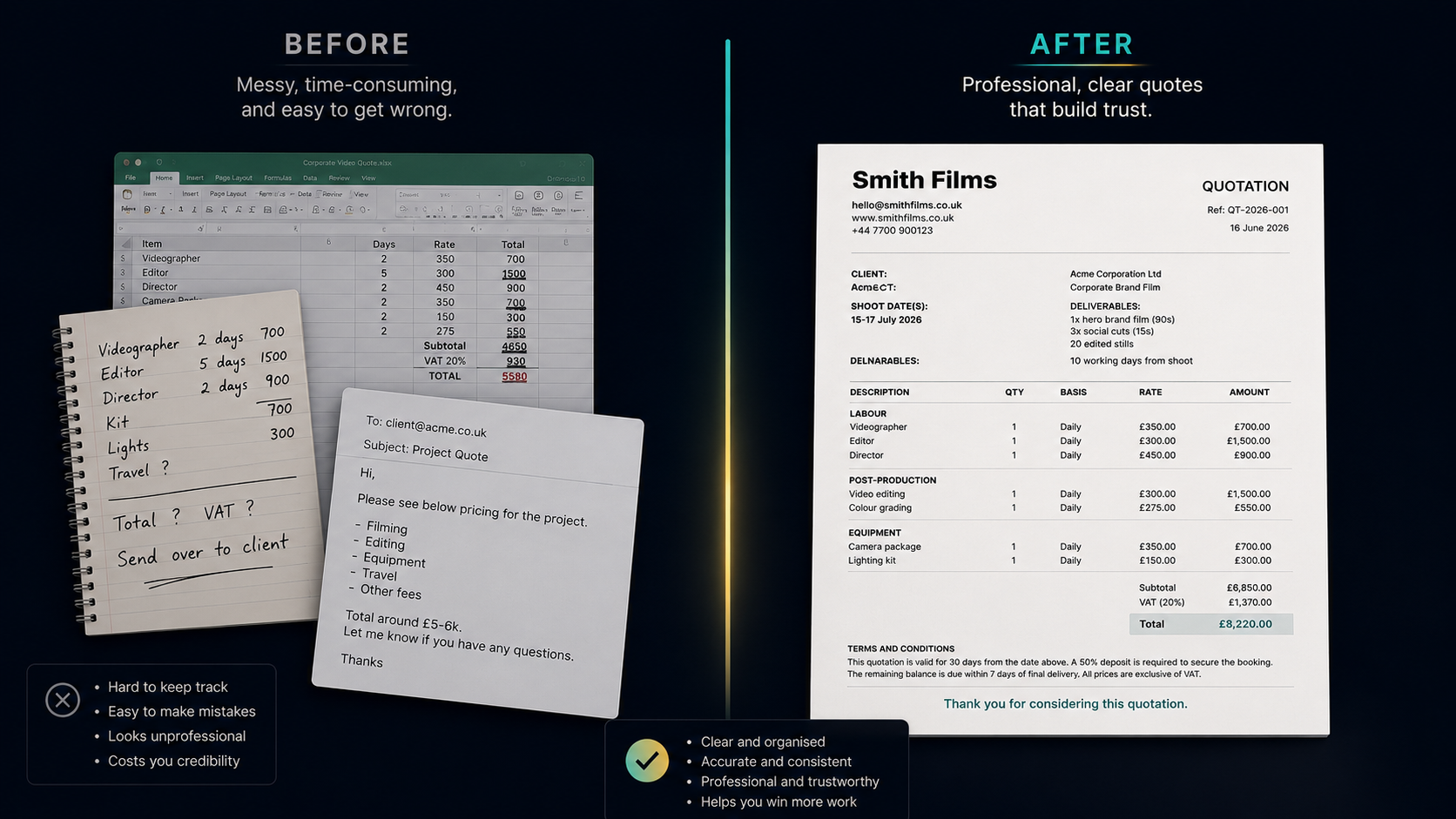 Before and after: messy handwritten quotes versus a clean, professional PDF quotation